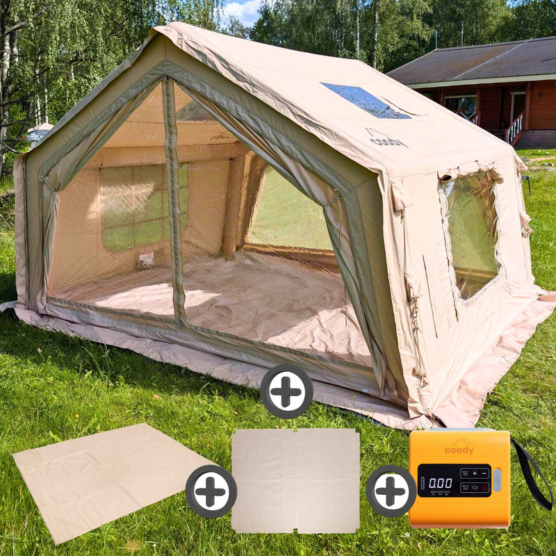Coody 10.0 Beige  (2-4 person) Camping Bundle – Tent, PVC Ground Sheet, Carpet & Pump