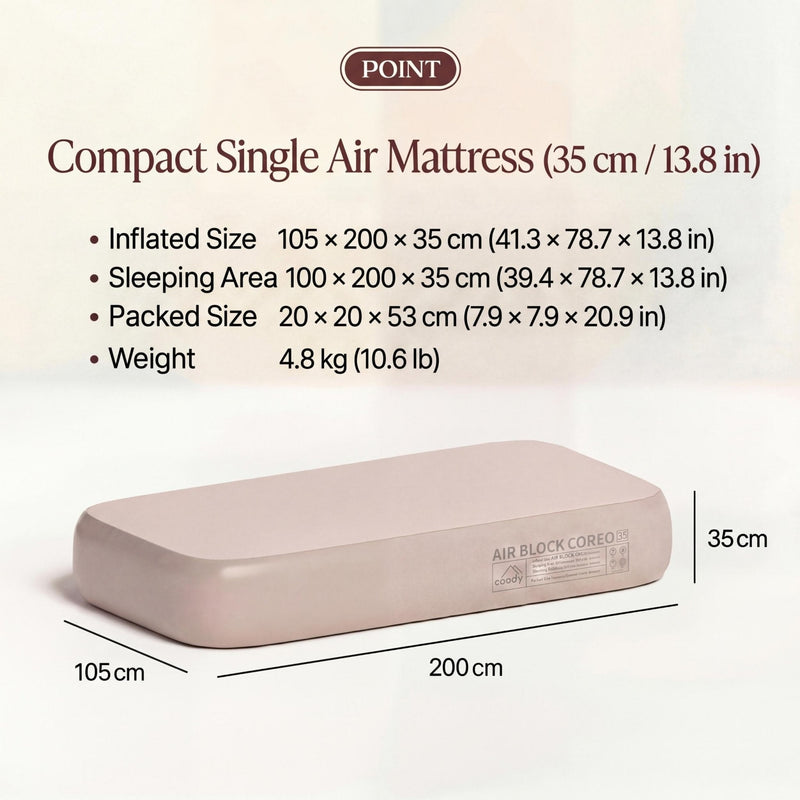Coody Coreo Air Mattress Single (105 × 200 × 35 cm) – Structured Air Block Inflatable Bed, Compact Pack Design