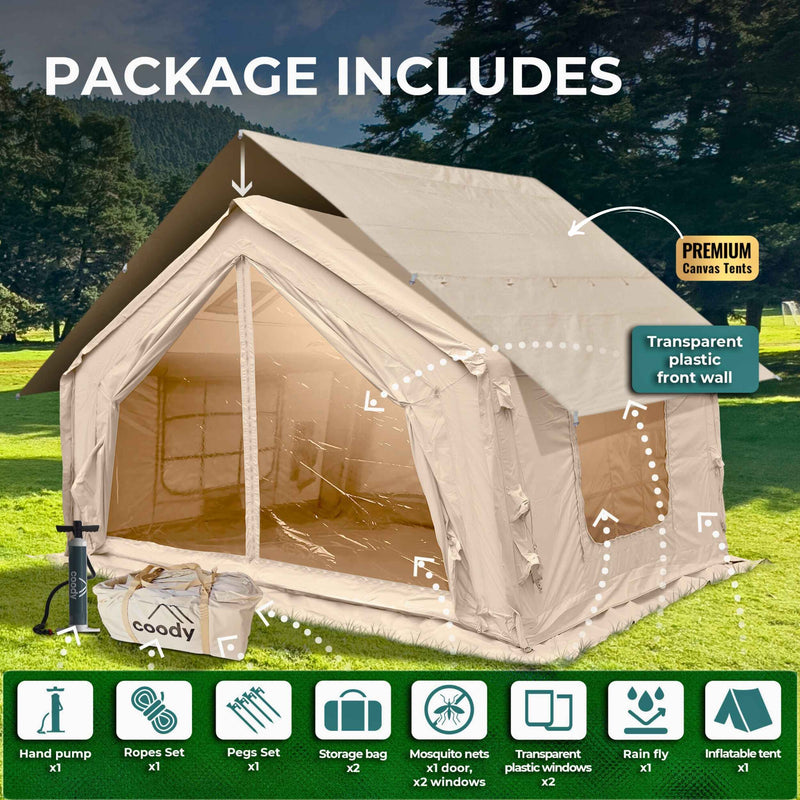 Coody 10.0 Beige  (2-4 person) Camping Bundle – Tent, PVC Ground Sheet, Carpet & Pump