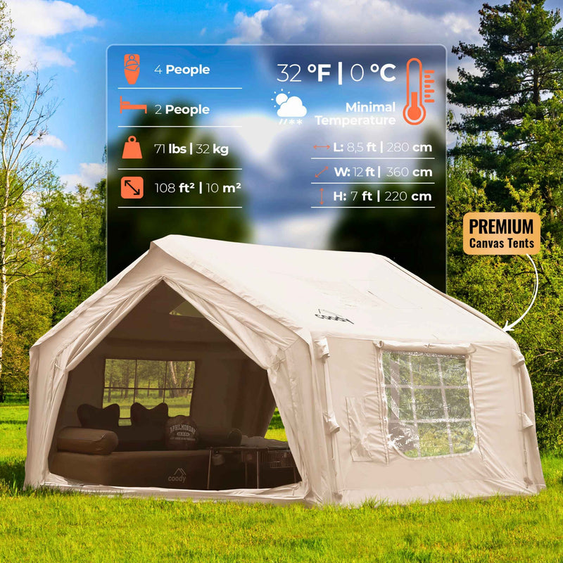 Coody 10.0 Beige  (2-4 person) Camping Bundle – Tent, PVC Ground Sheet, Carpet & Pump