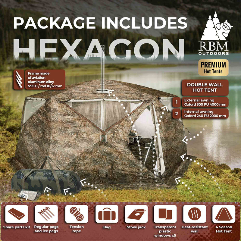 RBM Outdoors Hexagon - All-Seasons Double Layer Hot Tent for 2-9 person