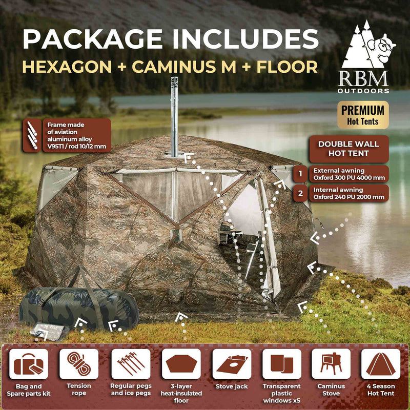RBM All-Seasons tent  Hexagon for 2-9 person + Wood Stove Caminus M