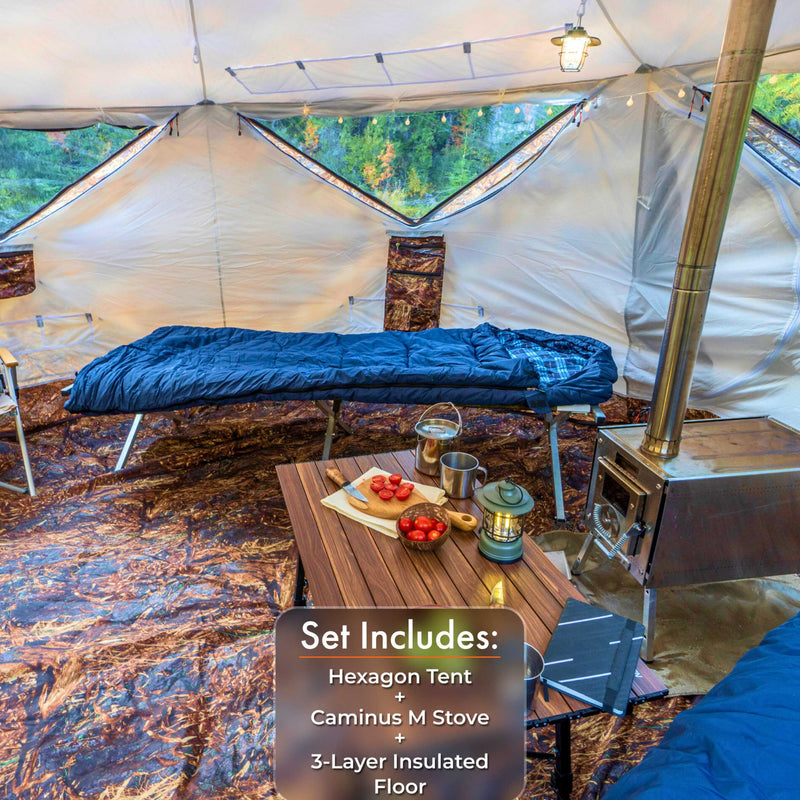 RBM All-Seasons tent  Hexagon for 2-9 person + Wood Stove Caminus M + Three-Layer Floor